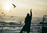 a woman on a ship raising her hands in freedom toward birds flying in the sky