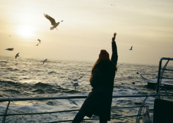 a woman on a ship raising her hands in freedom toward birds flying in the sky